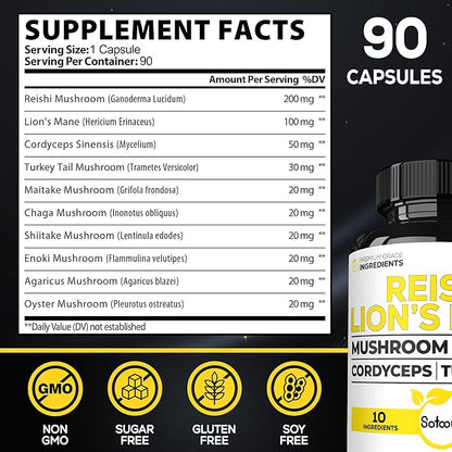 Satoomi Reishi Supplement Complex 5000Mg - 10in1 Combined with Lions Mane, Cordyceps Sinensis, Chaga Mushroom & Others - 90 Capsules for 3 Months
