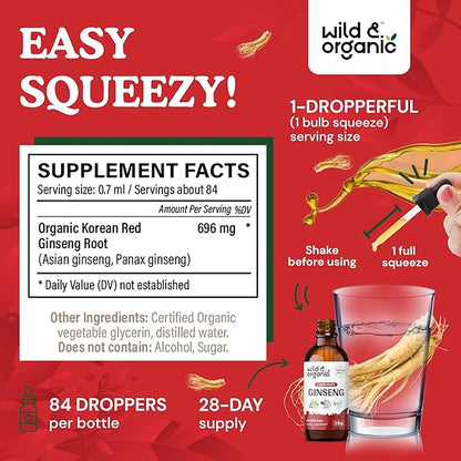 Wild & Organic Korean Red Ginseng Extract Drops - Panax Ginseng Supplement for Immune Support - Liquid Root Tincture for Overall Well-Being - Vegan, Sugar & Alcohol-Free - 2 fl oz