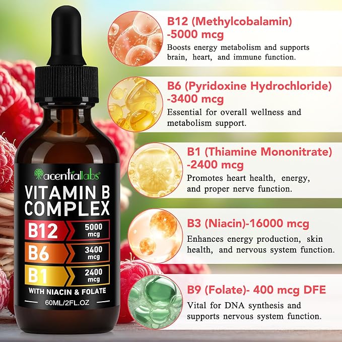 Organic Vitamin B Complex,Vitamin b Complex for Women, Vitamin B Complex Liquid, Vitamin B12 Methylcobalamin,Vitamin b6,B1,B9 for Metabolic Health Support, Vegan, Non-GMO, Gluten Free