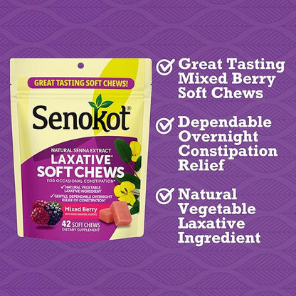 Senokot Laxative Soft Chews, Overnight Constipation Relief with Senna Extract, 42 Mixed Berry Chews