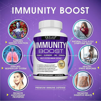 10 in 1 Immunity Boost Immune Support Supplement â€“ 1650mg Made with Elderberry, Vitamin C, Zinc, Echinacea & Probiotics for Immune System Booster, Support Healthy Respiratory System, 2x 60 Capsule