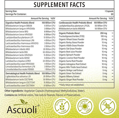 Ascuoli Probiotics for Women & Men - 300 Billion CFU, 22 Strains Probiotics + 15 Organic Herbs Blend, Daily Probiotics for Digestive Health, Immune, Gut, Bloating - 60 Capsule