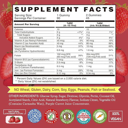 Iron Gummies Supplements for Women & Kids - Multivitamin with Iron Gummy for Blood Oxygen, Great Tasting Gummies with Vitamin C for Max Absorption, Vegan Chewable(180 Count, Strawberry)