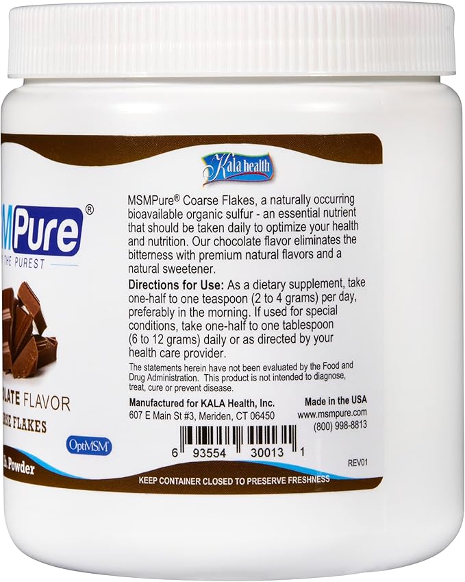 KALA HEALTH MSMPure Chocolate Flavored Coarse MSM Powder Flakes – US-Sourced MSM for Joint Health, Skin Appearance, and Hair & Nail Support – 1 lb, Organic Sulfur