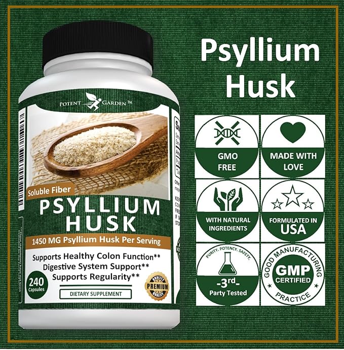 Potent Garden Psyllium Husk Capsules All Natural & Powerful Soluble Dietary Fiber Supplement Helps Support Regularity & Digestion, 240 Caps