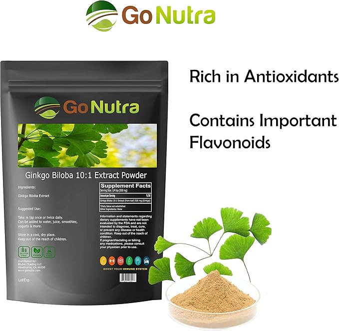 Go Nutra Ginkgo Biloba Extract Powder 10:1 Extra Strength Ginkgo Leaf | 8 oz. Pure Non-GMO