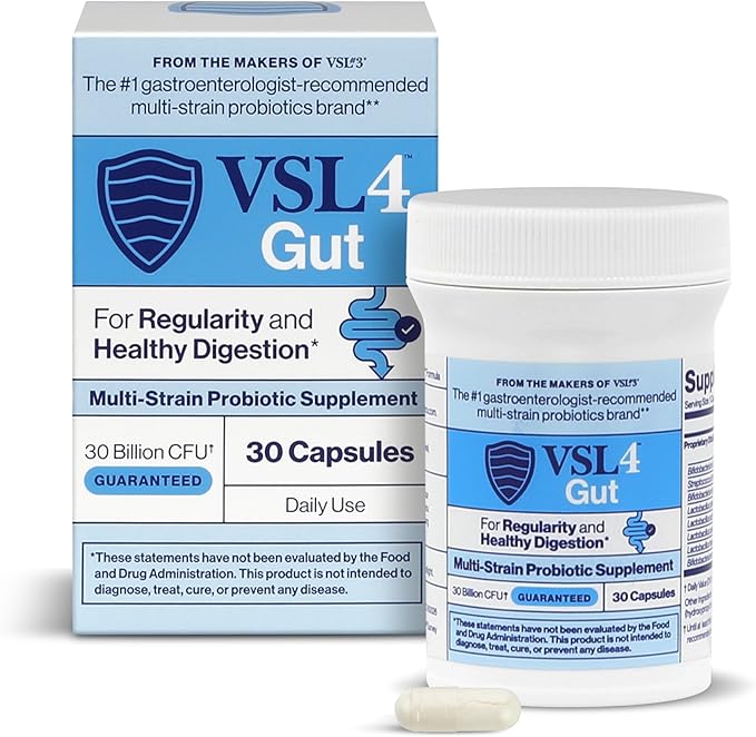 VSL4™ Gut Daily Probiotics for Gut Health - 30B CFUs, Multi-Strain Digestive Support for Women & Men, Promotes Gut Balance & Regularity, Potent, Shelf-Stable Probiotic Supplement, 30 Capsules