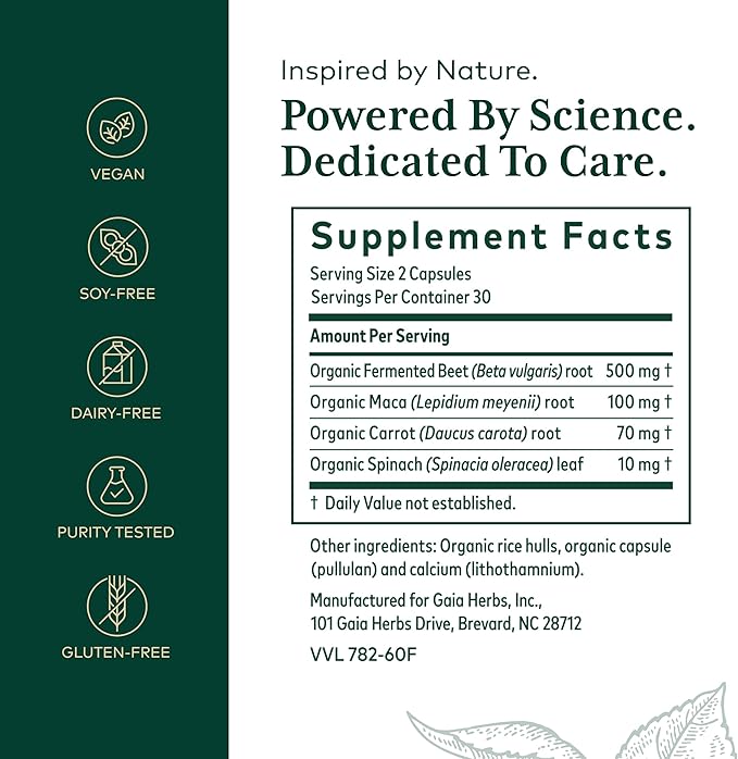 Gaia Herbs PRO Fermented Beet & Maca - Healthy Energy & Circulation Support Supplement* - Kidney Health Supplement with Beet & Carrot Root - Vegan, Gluten-Free, Soy-Free - 60 Capsules (30 Servings)