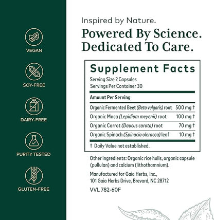 Gaia Herbs PRO Fermented Beet & Maca - Healthy Energy & Circulation Support Supplement* - Kidney Health Supplement with Beet & Carrot Root - Vegan, Gluten-Free, Soy-Free - 60 Capsules (30 Servings)