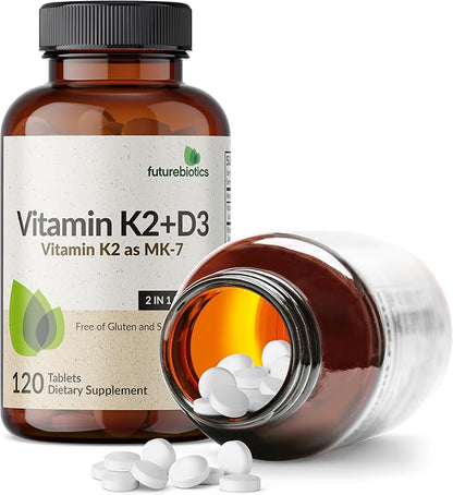 Futurebiotics Vitamin K2 with D3, 2 in 1 Support, 5000 IU Vitamin D3 & 90 mcg Vitamin K2 MK-7 Non-GMO, 120 Tablets