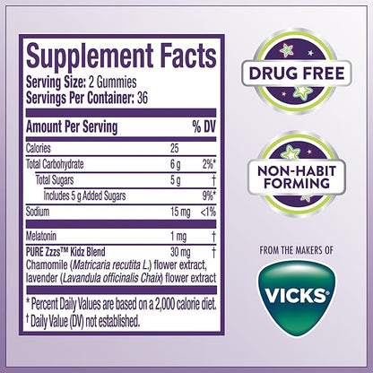 PURE Zzzs Kidz, Kids Melatonin Gummy, Sleep Aid, Low Amount of Melatonin for Kids, with Chamomile and Lavender, Melatonin 1 mg, Melatonin Gummies Kids, Berry Flavored, 72 Sleep Gummies