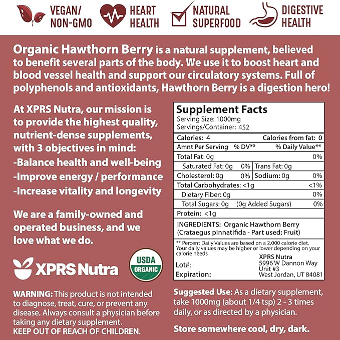 XPRS Nutra Organic Hawthorn Berry Powder - Premium USDA Organic Hawthorne Berry Powder for Cardiovascular Support - Vegan Friendly Hearth Health Supplement (16 Ounce)