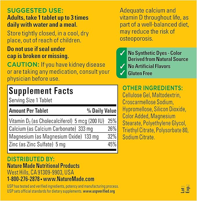 Nature Made Calcium Magnesium Zinc with Vitamin D3, Dietary Supplement for Bone Support, 300 Tablets
