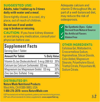 Nature Made Calcium Magnesium Zinc with Vitamin D3, Dietary Supplement for Bone Support, 300 Tablets