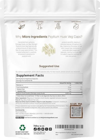 Psyllium Husk Veg Caps 3,000mg, 500 Veggie Capsules | Soluble Fiber Supplement | Max Strength | India Origin | Natural Prebiotics & Probiotics | Gut & Digestive Health Support | Vegan, Non-GMO