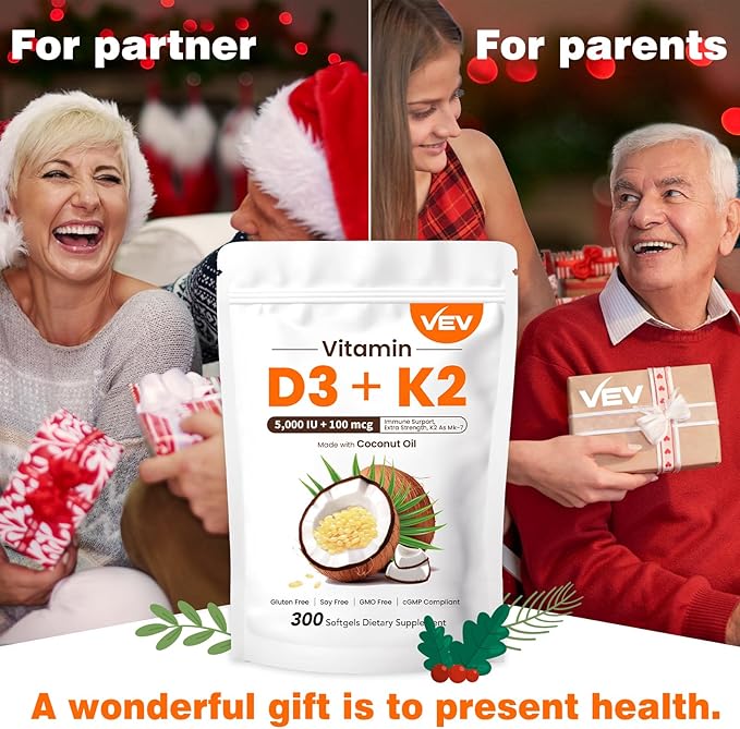 VEV Vitamin D3 K2, 5000 IU D3 100mcg K2 (MK 7), 300 Softgels, 2-in-1 Vitamin D & K Supplement with Coconut Oil, Supports Calcium Absorption and Bone Health, Easy to Swallow (Packaging May Vary)