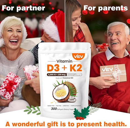 VEV Vitamin D3 K2, 5000 IU D3 100mcg K2 (MK 7), 300 Softgels, 2-in-1 Vitamin D & K Supplement with Coconut Oil, Supports Calcium Absorption and Bone Health, Easy to Swallow (Packaging May Vary)