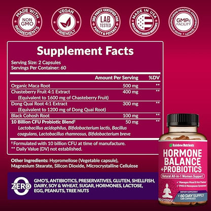Hormone Balance + Probiotics for Women- Natural Menopause Relief, Weight Management, Bloating, Hot Flashes, PMS | Organic Maca, Chasteberry, Dong Quai & Black Cohosh | Non GMO |120 V Capsules