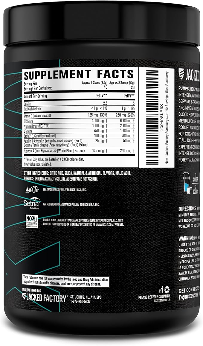 Jacked Factory Pumpsurge Max Stim Free Pre Workout - High-Performance Caffeine Free Pre Workout with L-Citrulline, N03-T Arginine Nitrate & Glutathione - 40 Servings, Blue Raspberry