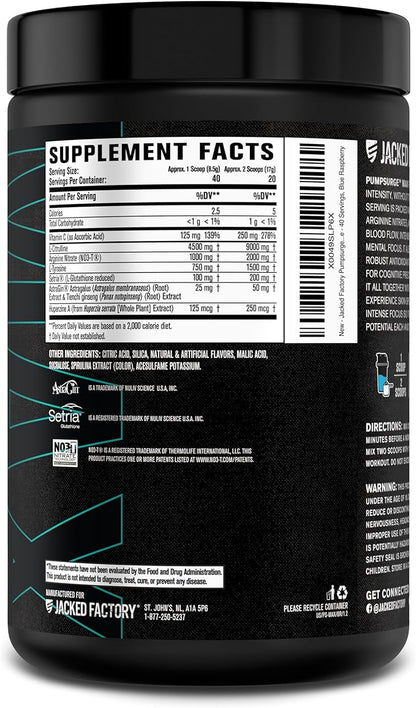 Jacked Factory Pumpsurge Max Stim Free Pre Workout - High-Performance Caffeine Free Pre Workout with L-Citrulline, N03-T Arginine Nitrate & Glutathione - 40 Servings, Blue Raspberry