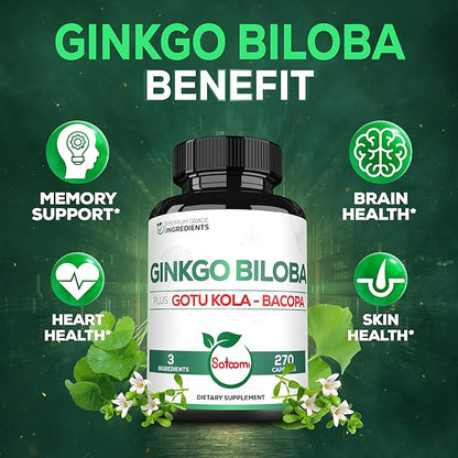 1520mg Ginkgo Biloba Supplements with Gotu Kola Leaf, Bacopa Monnieri - 270 Capsules - Extra Strength Support for Brain Health, Memory Function, Focus & Vision Quality - 3 Month Supply