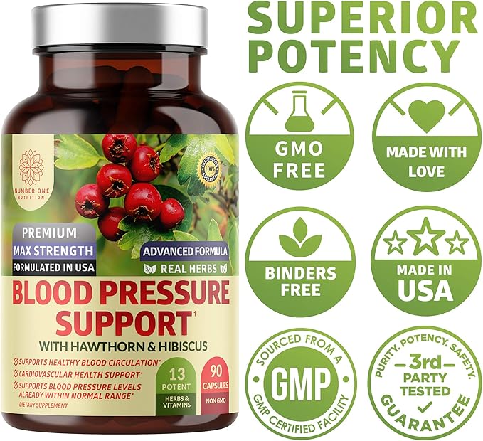 N1N Premium Blood Pressure Support with Hawthorn and Hibiscus [13 Potent Ingredients], Natural Supplement to Support Blood Flow Health, 90 Caps