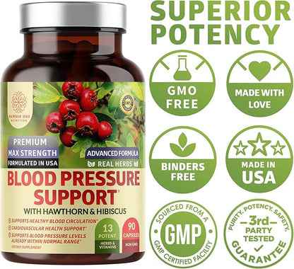 N1N Premium Blood Pressure Support with Hawthorn and Hibiscus [13 Potent Ingredients], Natural Supplement to Support Blood Flow Health, 90 Caps