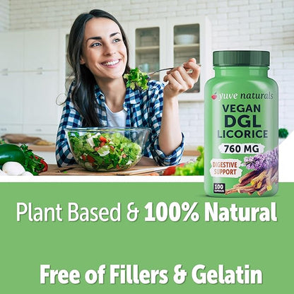 Yuve Vegan DGL Licorice 760mg - Ultra Pure Deglycyrrhizinated Licorice Root Capsules Supplement - Support Stomach, Gut & Intestinal Relief - Natural Acid Reflux Formula - Non-GMO & Gluten Free - 100ct