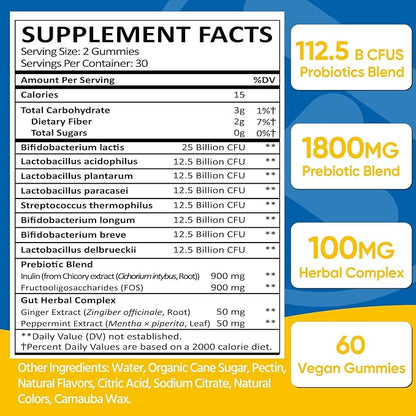 Probiotic Gummies, Sugar Free, 112.5 Billion CFU, 8 Strains Probiotics + 2 Prebiotics & 2 Organic Herbs, for Digestion, Intestinal Flora Balance, IBS & UC, ADD, Probiotics for Women & Men, 60 Counts