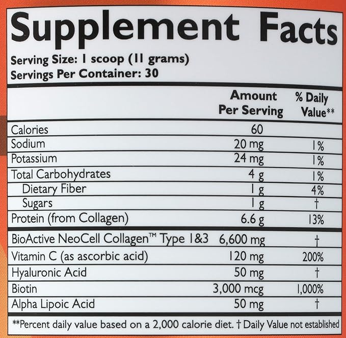 NeoCell Collagen Powder with Biotin, Vitamin C & Hyaluronic Acid, Collagen Type 1 & 3, Beauty Infusion Promotes Beautiful Skin, Healthy Hair & Nail, Gluten Free, Tangerine, 11.64 Oz