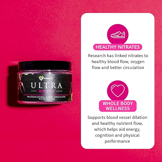 KaraMD UltraBeets | Delicious Beetroot Superfood Powder | Natural Vegan Friendly, Non-GMO & Gluten Free Nitric Oxide Booster Supplement | Supports Circulation & Energy (30 Concentrated Servings)
