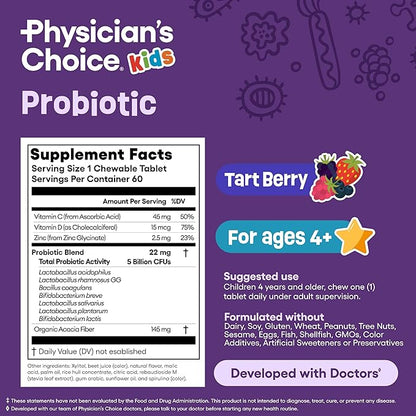 Physician's CHOICE Probiotics for Kids - 7 Diverse Strains, Organic Prebiotics, Vitamins & Minerals - Clinically Studied L. Rhamnosus - Immune & Digestive Support - No Sugar or Artificial Dyes - 60ct