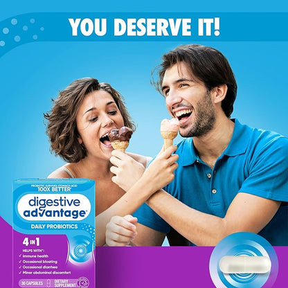 Daily Probiotic Capsule - Digestive Advantage 30 Capsules, Survives 100x Better, Lessens Bloating, Calcium, Promotes Digestive Health and Gut Flora, multi