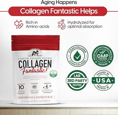 Collagen Fantastic Hydrolyzed Collagen Peptides Powder (90 Servings) - Grass Fed Bovine Collagen Protein Powder Type 1 & III for Joint, Bone & Skin Support - Gluten Free, Soy Free & Non-GMO (2.2 Lb)