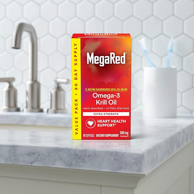 MegaRed Antarctic Krill Oil 500mg Omega 3 Fatty Acid Supplement, Extra Strength EPA & DHA Krill Oil Softgels (90cnt Box), Astaxanthin, Heart Health Supplement with No Fish Oil Aftertaste