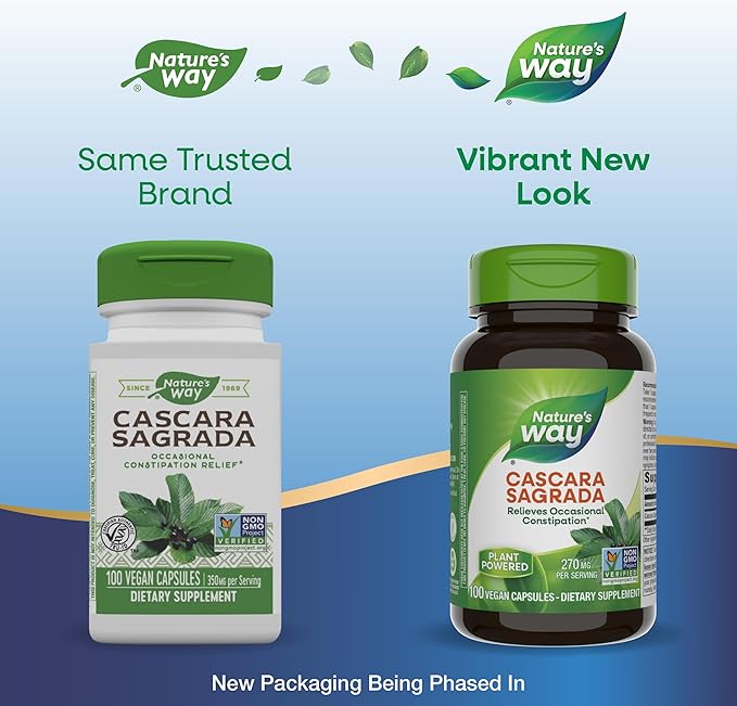 Nature’s Way Cascara Sagrada Bark, Occasional Constipation Relief*, Supports Regularity*, Non-GMO Project Verified, 270 mg per Serving, 100 Capsules (Packaging May Vary)