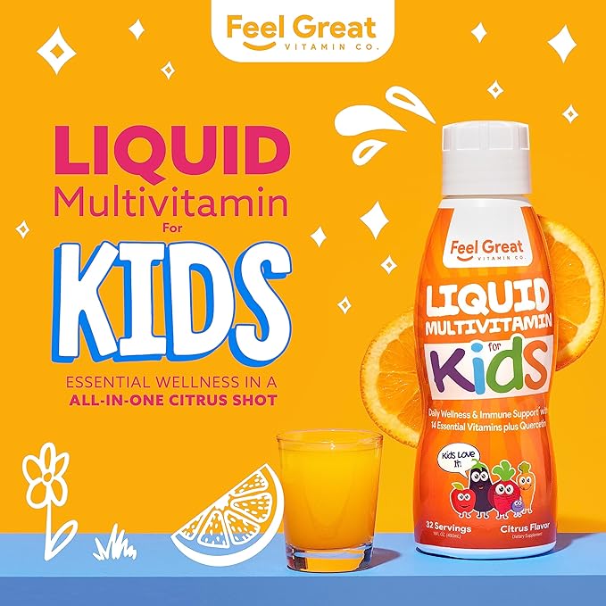 Feel Great Sugar Free Kids Multivitamin – Liquid Multivitamin | Essential Vitamins for Immune Support | Orange Flavored, Vegetarian Formula | 30 Day Supply