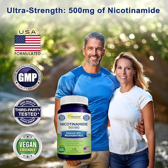 aSquared Nutrition Nicotinamide with Resveratrol - 120 Veggie Capsules - Vitamin B3 500mg (Niacinamide Flush Free) - Supplement Pills to Support NAD, Skin Cell Health & Energy