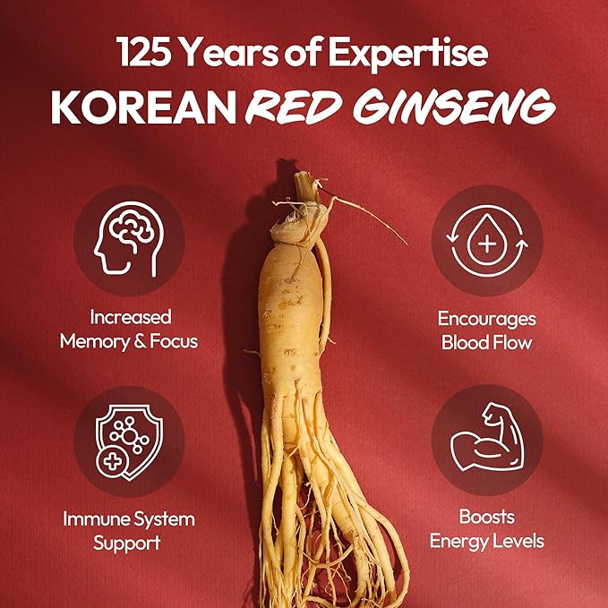 Korean Red Ginseng Extract Capsule Plus - All-in-One Vegan Supplements - Energy Boost & Immune Support, Caffeine Free & Non-GMO (600mg, 30 Capsules)