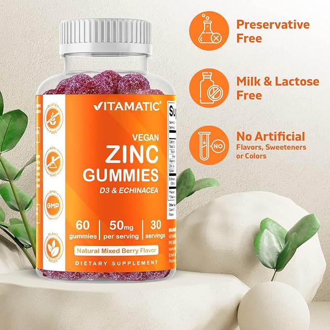 Vitamatic Zinc 50mg Gummies – 60 Vegan Gummies – Gluten-Free – 2 Pack (120 Gummies Total)