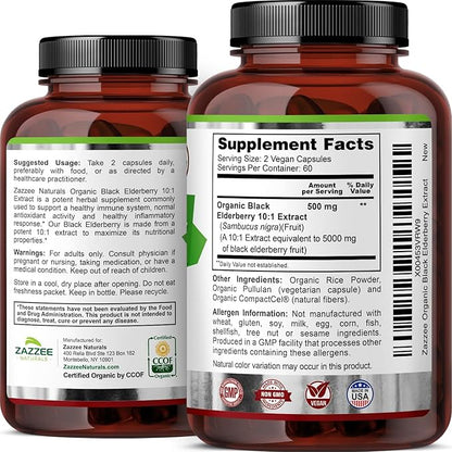 Zazzee USDA Organic Black Elderberry 10:1 Extract, 5000 mg Strength, 120 Vegan Capsules, 2 Month Supply, Standardized, Concentrated 10X Extract, 100% Vegetarian, All-Natural, Non-GMO, Made in The USA