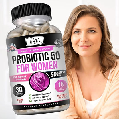 Kaya Naturals Probiotic 50 Billion CFU - Probiotics for Women, Probiotics for Men and Adults, Natural - Gut Health & Immune Support Supplement - Provides Digestive Support - 30 Vegetable Capsules