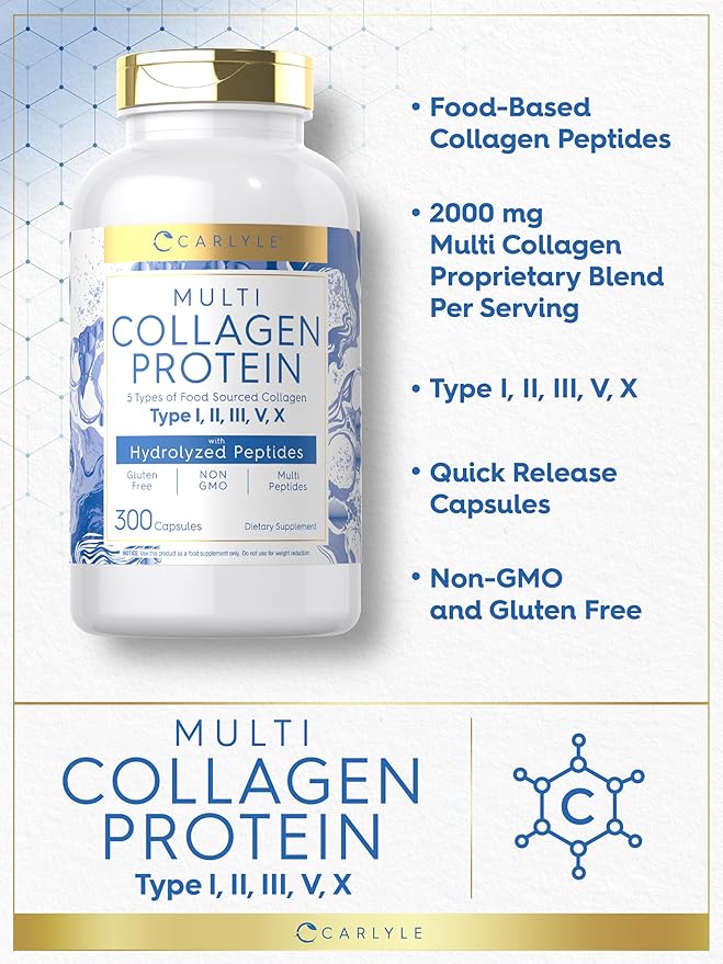 Carlyle Multi Collagen Protein Capsules 2000mg | 300 Count | Type I, II, III, V, X | Collagen Peptide Pills | Keto & Paleo Friendly, Gluten Free, Non-GMO Supplement