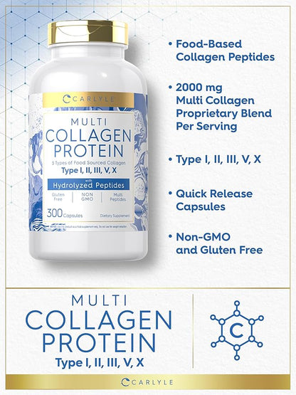 Carlyle Multi Collagen Protein Capsules 2000mg | 300 Count | Type I, II, III, V, X | Collagen Peptide Pills | Keto & Paleo Friendly, Gluten Free, Non-GMO Supplement