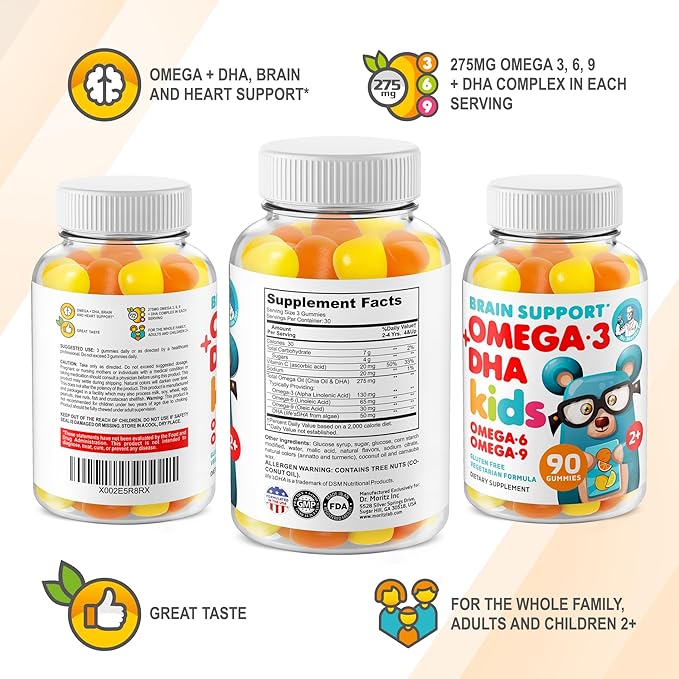 DR. MORITZ Omega 3 Kids Gummies (180 Count), Vegan Omega3 Gummies for Kids with No Fish Oil, Vitamins for Brain & Heart Health, Gluten-Free Omega 3 6 9
