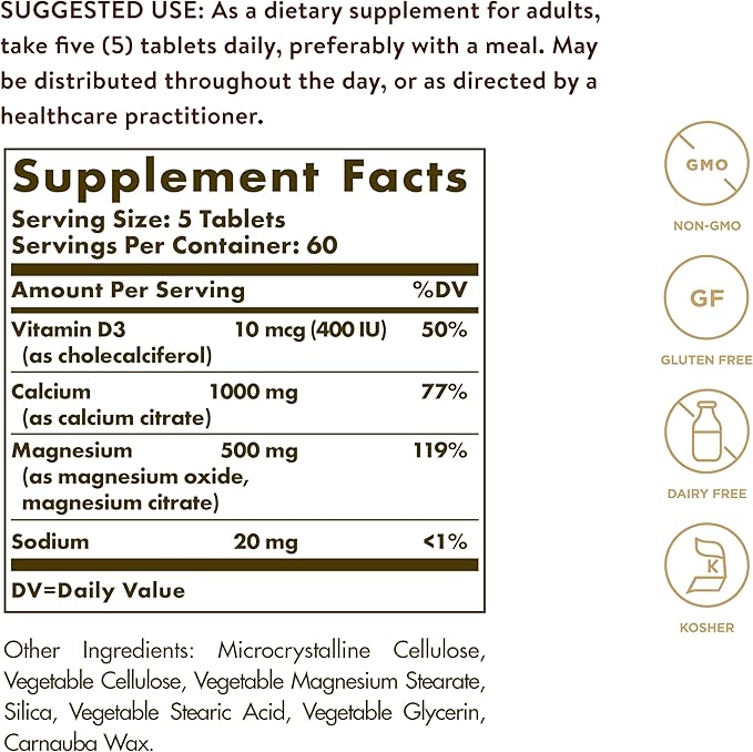 Solgar Calcium Magnesium with Vitamin D3, 300 Tablets - Promotes Healthy Bones, Supports Nerve & Muscle Function - Highly Absorbable Form - Non-GMO, Gluten Free, Dairy Free, Kosher - 60 Servings