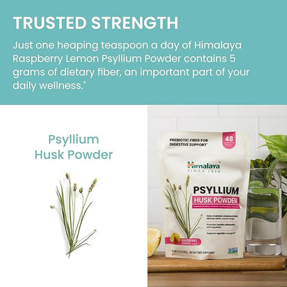 Himalaya Raspberry Lemon Psyllium Husk Powder, Daily Fiber Supplement for Digestive Health & Regularity, Sugar-Free, Gluten-Free, Vegan, No Artificial Colors, Easy-to-Mix, 12 oz (340 g)