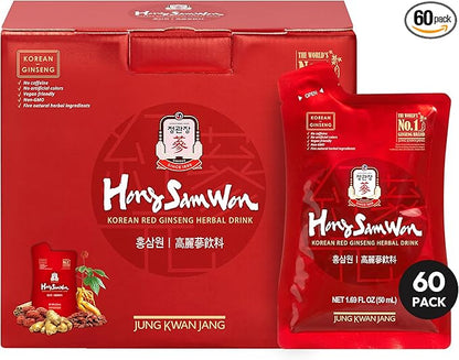 HongSamWon - Korean Red Ginseng Tea, Pre and Post Workout Herbal Energy Drink with Jujube, Cinnamon Ginger & Goji Berry - Caffeine Free, Non-GMO (60 Pouches, 1.69 fl oz)
