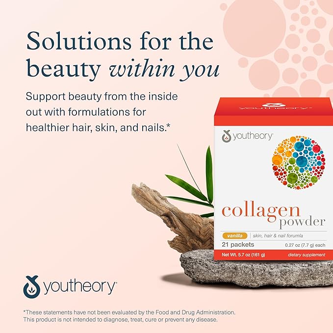 Youtheory Collagen Powder - Premium Collagen Supplement with Vitamin C & Biotin - Healthy Hair, Skin, Nails & Joints - Hydrolyzed & Highly Absorbable - Dairy, Soy & Gluten Free - Vanilla - 21 Packets