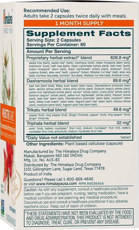 Himalaya MenstriCare for PMS, Menstrual Cramp Relief, Womens Health & Balanced Hormone Support, Herbal Supplement, Includes Shatavari, 800 mg, 120 Capsules